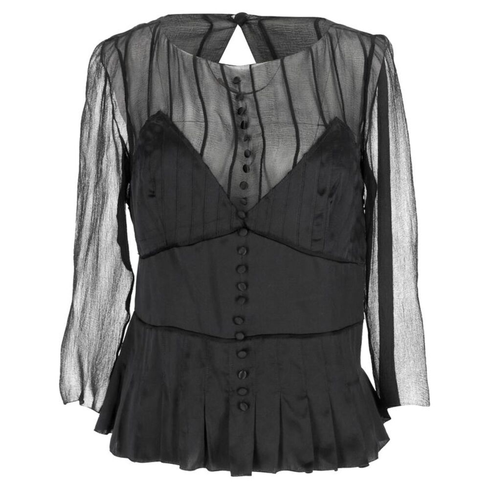 Chloé Pleated Sheer Long Sleeve Blouse in Black Silk